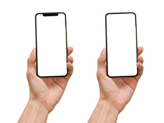 Hand holding a modern smartphone, isolated with blank screen