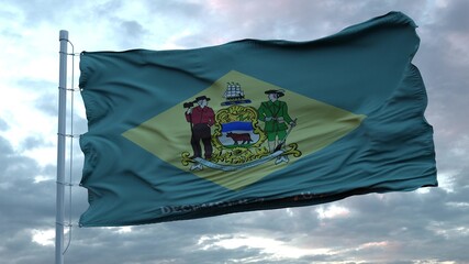 Flag of Delaware waving in the wind against deep beautiful clouds sky. 3d rendering