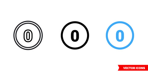 Zero icon of 3 types. Isolated vector sign symbol.