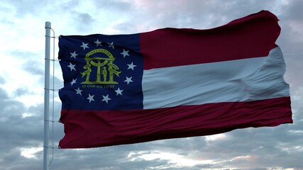 Flag of Georgia waving in the wind against deep beautiful clouds sky. 3d rendering