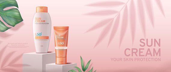Sunscreen cream banner ads on square stage with tropical leaves - obrazy, fototapety, plakaty