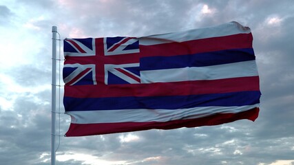Flag of Hawaii waving in the wind against deep beautiful clouds sky. 3d rendering