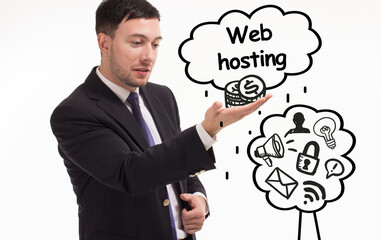 Business, technology, internet and network concept. Young businessman thinks over the steps for successful growth: Web hosting