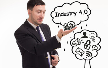 Business, technology, internet and network concept. Young businessman thinks over the steps for successful growth: Industry 4.0