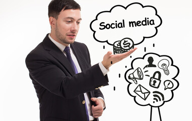 Business, technology, internet and network concept. Young businessman thinks over the steps for successful growth: Social media