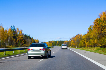 Highway, autobahn and road landscape. Automobile, cars and vehicles. Blue sky and sunny day. European autobahn.