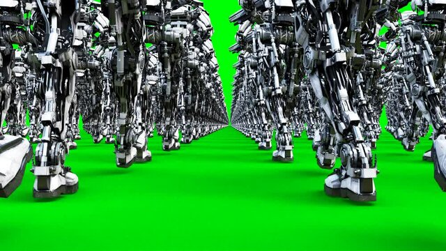 invasion of military robots with gun. marching robots. Green screen 4k footage.