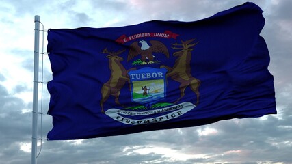 Flag of Michigan waving in the wind against deep beautiful clouds sky. 3d rendering