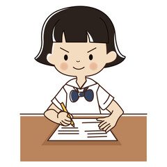 Young Thai studednt girl study hard, doing homework, doing the exam.