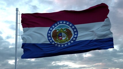 Naklejka na ściany i meble Flag of Missouri waving in the wind against deep beautiful clouds sky. 3d rendering