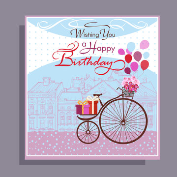 Congratulation Happy Birthday card with urban landscape, balloons, roses, bycikle