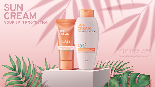 Sunscreen cream ads on square stage with tropical plants