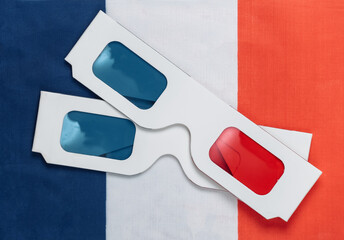 Anaglyph 3D glasses on the background of the France flag. French Cinema