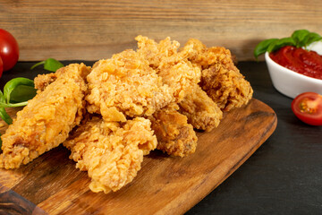 Breaded Fried Chicken Wings, Fingers and Drumstick