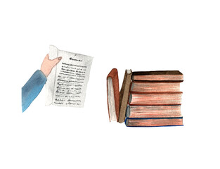 Watercolor hand drawn book in open form in hand,a stack of books isolated on white background.