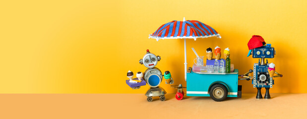 Ice cream mobile cart. Summer shop with big umbrella. Robot sell ice cream and cold lemonade. Sandy yellow beach background. copy space