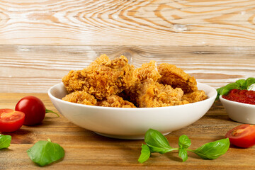 Breaded Fried Chicken Wings, Fingers and Drumstick