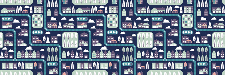 City seamless pattern top view flat design. Suburban houses and roads seamless pattern or background.  Blue and violet colors. Horizontal orientation Vector Illustration