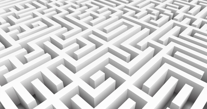 Labyrinth 3D Vector. Maze game. Classic box labyrinth in white color and high walls. Gray maze for Your business project. Vector Illustration