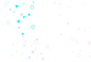Light Pink, Blue vector backdrop with bright stars, suns.
