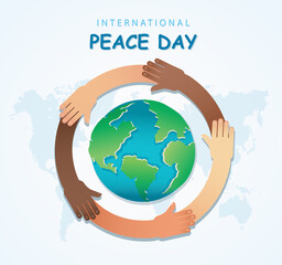 Many hands of different races together in a circle around the earth. Stop racism. Vector Illustration 