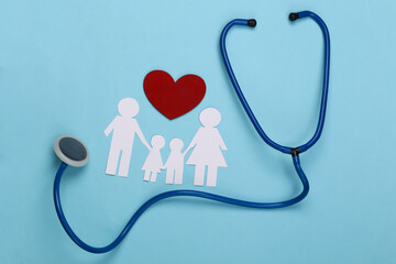 Stethoscope and paper chain family, red heart on blue background, health insurance concept