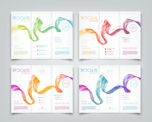 Collection of vector tri-fold brochure design templates with colorful wave swirl background