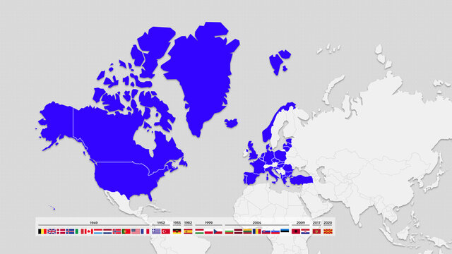 Map of NATO countries with timeline and flags