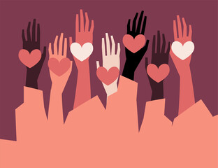 Human hands with different skin color stacked for support. Group, unity, race equality, tolerance concept art in minimal flat style. Vector illustration card.
