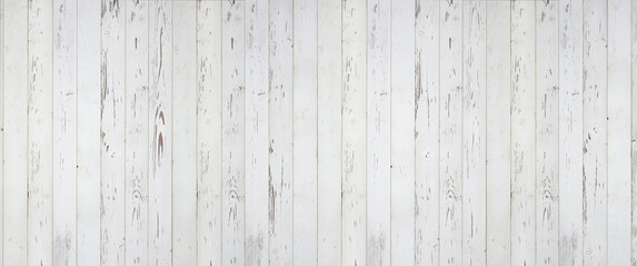 Obraz na płótnie Canvas Weathered white wooden background texture. Shabby white painted wood panorama.