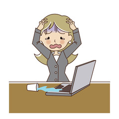 Fototapeta na wymiar Vector illustration of a businesswoman /office girl getting stress out because she has spilled water on laptop by mistake. cartoon style.