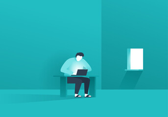 work from home online - freelance job illustration - creative space, self-isolation, freelancer sitting at the table  and working on a laptop