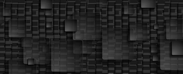 Black transparent squares on dark mosaic background. Abstract technology modern graphic design. Vector illustration