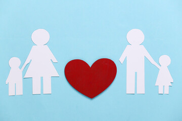 Resume Relationship Concept. Paper family with a red heart on a blue background