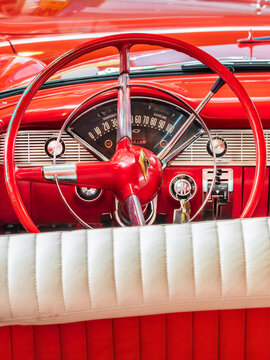 Interior of a red 1956 Chevrolet Bel Air Convertible classic car  in the Dutch village of Drempt, The Netherlands on June 11, 2020