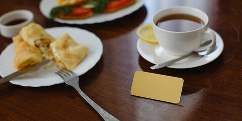 A banner. Breakfast at the hotel. Place for a logo or text