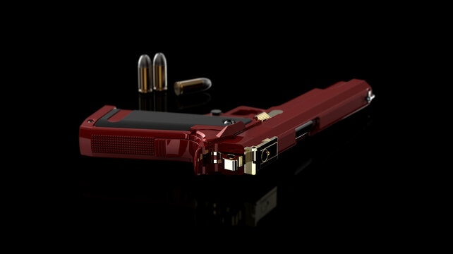 Brown Pistol and bullets on dark background. The concept of limiting the spread of small arms. Bullet, firearm. 3D Rendering
