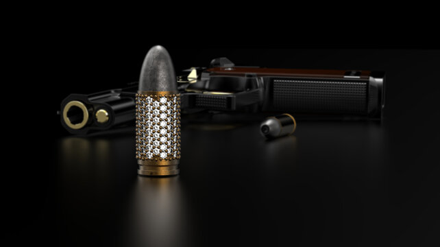 Decorative Pistol Diamods Cartridge bullets and Handgun on black table. Isolated on Black background. 3D Rendering