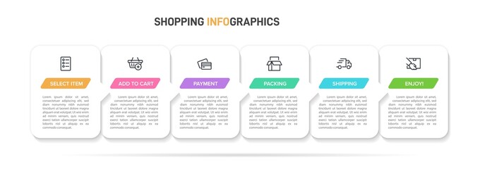 Concept of shopping process with 6 successive steps. Six colorful graphic elements. Timeline design for brochure, presentation, web site. Infographic design layout.
