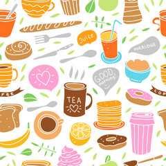 Breakfast seamless pattern. Vector food background. Healthy eating digital paper