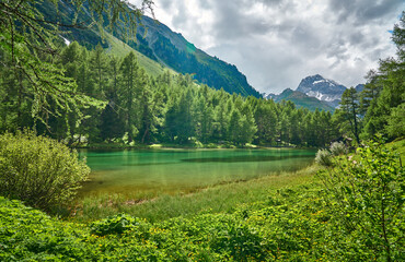 Fototapeta na wymiar Landscape panorama of Lai da Palpuogna / Palpuognasee, mountain lake, Albula Pass in the municipality of Bergün, in the Grisons, Switzerland 