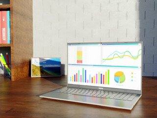 Enterprise financial report with graphs and charts on a screen of modern laptop. Wooden table with a shelf and books on accounting. Frame with a picture. Profit growth. 3d render