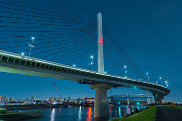Modern bridge night, day and light red
