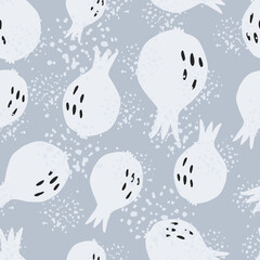Simple doodle pomegranate fruit seamless pattern on gray background. Garnet fruit endless wallpaper.