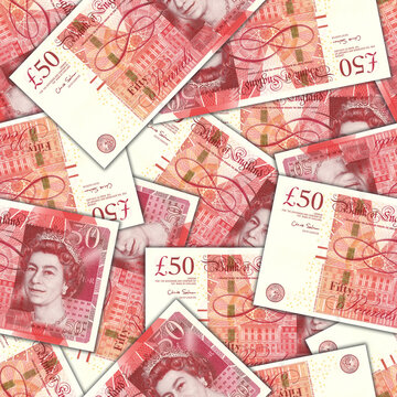 Illustration Seamless Pattern. Randomly Scattered England Paper Money. Red 50 Pounds Notes With Shadows