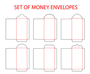 Money envelopes template set die cut. Red money envelope. Vector template for red packet - Ang Pau. Line folder for die cutter. Mock up for design Chinese New Year Money envelope.