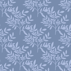 Seamless pattern with blue leaves silhouette. Tree branches wallpaper. Nature backdrop. Decorative twigs.