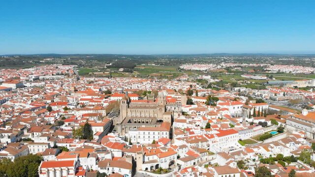 Historic Evora with white houses and red roofs and landmarks, Alentejo, Portugal