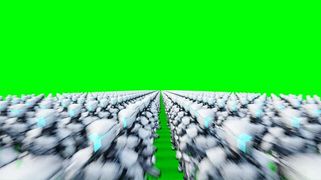 invasion of military robots with gun. marching robots. Green screen 4k footage.