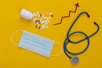 Stethoscope and Bottle of pills with growth arrow tending up on yellow background. Top view